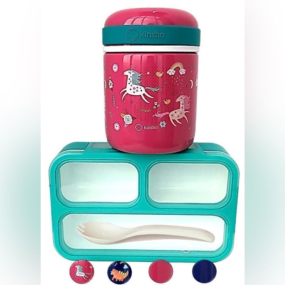 Kids Bento Lunch Snack Box and Insulated Stainless Steel Thermos Set Pink